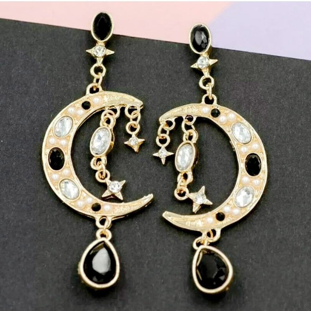 Gold black-and-white crystal star  Crescent Moon drop earrings